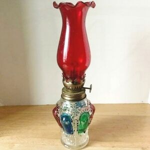 HOLD Vtg Red glass oil lamp Crystal Base Marked Hong Kong Miniature